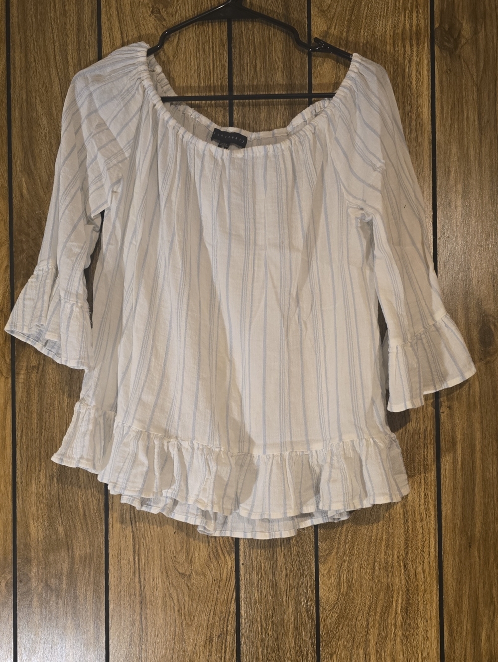 Sanctuary White Off-Shoulder Blouse with Light Blue Pinstripes and Ruffle Hem